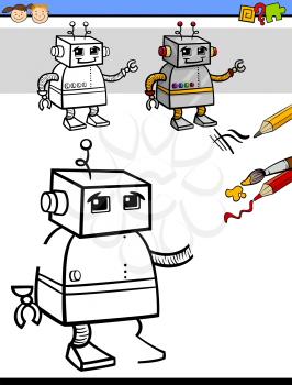 Cartoon Illustration of Drawing and Coloring Educational Task for Preschool Children with Robot Character