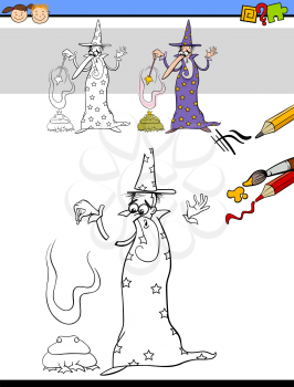 Cartoon Illustration of Drawing and Coloring Educational Task for Preschool Children with Wizard Fantasy Character