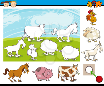 Cartoon Illustration of Educational Matching Game for Preschool Children with Farm Animal Characters