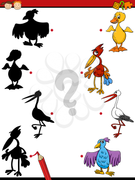 Cartoon Illustration of Education Shadow Matching Task for Preschoolers with Bird Animal Characters