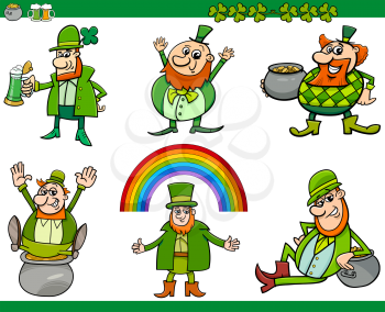 Cartoon Illustration of Leprechaun and Saint Patrick Day Themes Set with Rainbow and Clovers and Pot of Gold