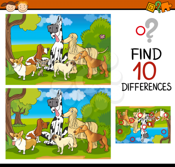 Cartoon Illustration of Finding Differences Educational Task for Children with Dogs Characters
