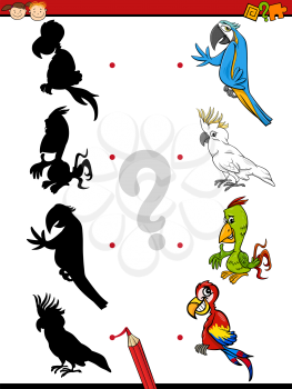 Cartoon Illustration of Education Shadow Task for Preschool Children with Parrot Birds Animal Characters