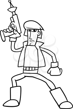 Black and White Cartoon Illustration of Science Fiction Fantasy Character with Blaster Coloring Book