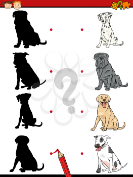 Cartoon Illustration of Education Shadow Task for Preschool Children with Purebred Dogs Animal Characters