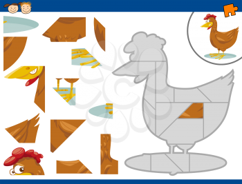 Cartoon Illustration of Educational Jigsaw Puzzle Task for Preschool Children with Farm Chicken Animal Character