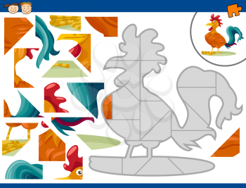 Cartoon Illustration of Educational Jigsaw Puzzle Task for Preschool Children with Farm Rooster Animal Character