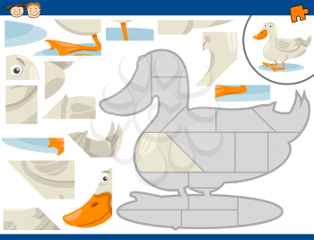 Cartoon Illustration of Educational Jigsaw Puzzle Task for Preschool Children with Farm Duck Animal Character