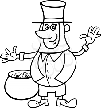 Black and White Cartoon Illustration of Leprechaun on Saint Patrick Day with Pot of Golden Coins for Coloring Book