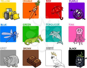 Cartoon Illustration of Primary Colors with Animals and Objects Education Set for Preschool Children