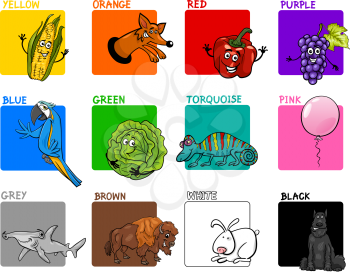 Cartoon Illustration of Primary Colors with Animals and Objects Educational Set for Preschool Children