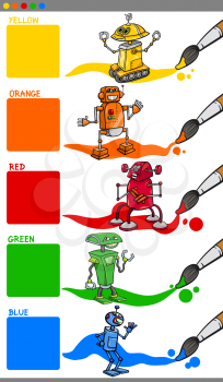 Cartoon Illustration of Primary Colors with Robot Characters Educational Set for Preschool Children