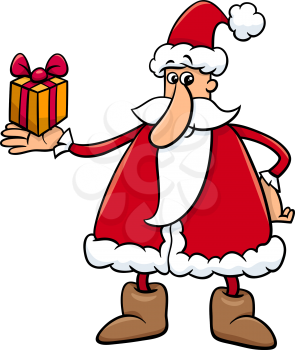 Cartoon Illustration of Santa Claus with Christmas Gift
