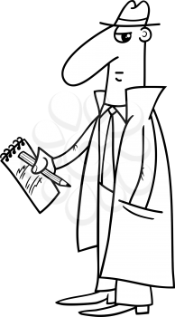 Black and White Cartoon Illustration of Detective or Journalist with Notepad and Pencil for Coloring Book
