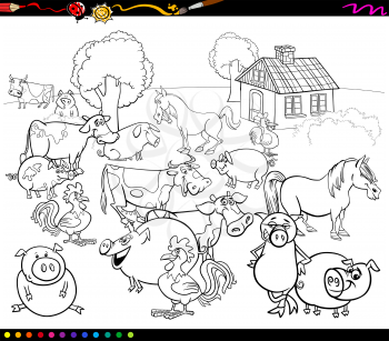 Black and White Cartoon Illustration of Country Scene with Farm Animals for Coloring Book