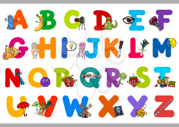 Cartoon Illustration of Capital Letters Alphabet Set with Objects for Preschool Children Education