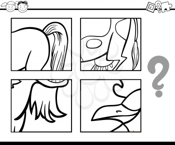 Black and White Cartoon Illustration of Educational Task for Preschool Children with Animals Riddle for Coloring