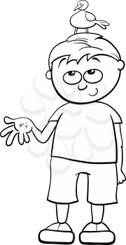 Black and White Cartoon Illustration of Cute Boy with Bird on his Head for Coloring Book