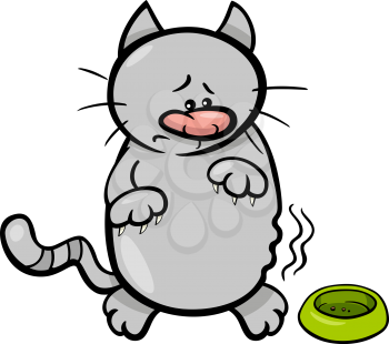 Cartoon Illustration of Hungry Cat with Empty Bowl