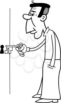 Black and White Cartoon Illustration of Man Opening Door with Key