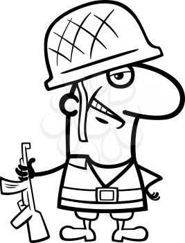 Black and White Cartoon Illustration of Soldier in Military Uniform Professional Occupation for Coloring Book