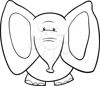 Black and White Cartoon Illustration of Little African Elephant Animal Character for Coloring Book