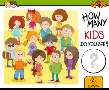 Cartoon Illustration of Educational Counting or Calculating Task for Preschool Children with Kid Characters