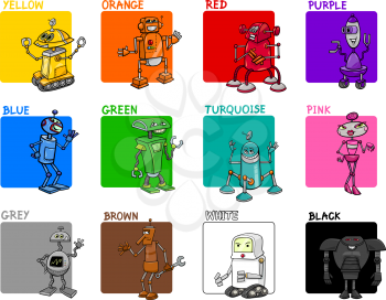 Cartoon Illustration of Primary Colors with Fantasy Robots Educational Set for Preschool Children