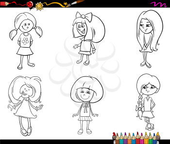Black and White Cartoon Illustration of School or Preschool Age Girls Children Characters Set for Coloring Book