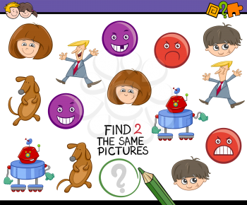 Cartoon Illustration of Find The Same Pictures Educational Activity Task for Preschool Children