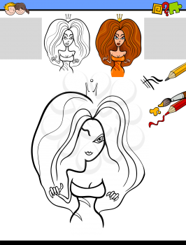 Cartoon Illustration of Drawing and Coloring Educational Activity Task for Preschool Children with Princess Character