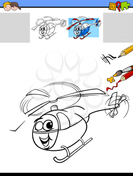 Cartoon Illustration of Drawing and Coloring Educational Activity Task for Preschool Children with Helicopter Character