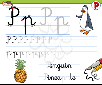 Cartoon Illustration of Writing Skills Practice with Letter P Worksheet for Children