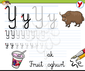 Cartoon Illustration of Writing Skills Practice with Letter Y Worksheet for Children