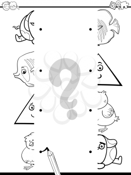 Black and White Cartoon Illustration of Preschool Education Activity with Matching Halves Task for Coloring