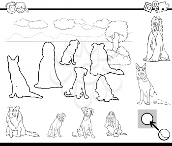 Black and White Cartoon Illustration of Educational Activity Task for Preschool Children with Purebred Dogs Animal Characters for Coloring Book