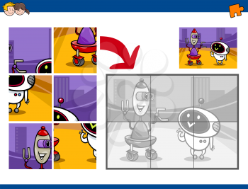 Cartoon Illustration of Educational Jigsaw Puzzle Activity for Preschool Children with Robot Fantasy Characters