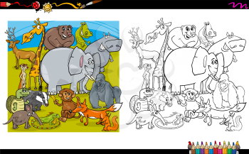 Black and White Cartoon Illustration of Wild Animal Characters Coloring Page