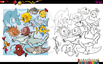 Black and White Cartoon Illustration of Fish Characters Coloring Book Activity
