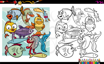 Cartoon Illustration of Fish Characters Coloring Book Activity