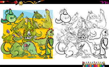 Cartoon Illustration of Dragon Fantasy Characters Coloring Book Activity