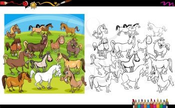 Cartoon Illustration of Horse Farm Animal Characters Coloring Book Activity