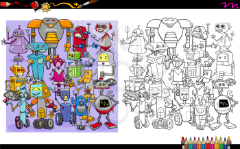 Cartoon Illustration of Funny Robot Characters Coloring Book Activity