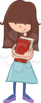 Cartoon Illustration of Happy Elementary School Age Girl with a Book