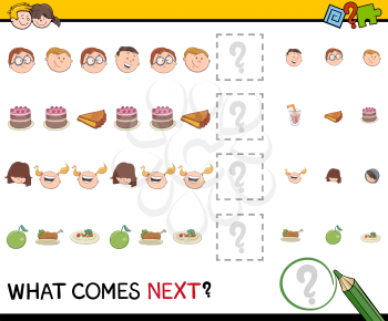 Cartoon Illustration of Completing the Pattern Educational Activity Task for Preschoolers with Kids and Food Objects