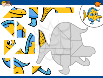 Cartoon Illustration of Educational Jigsaw Puzzle Activity for Children with Fish Animal Character
