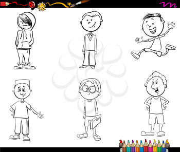 Black and White Cartoon Illustration of School Age Boys Children or Teenager Characters Set for Coloring Book
