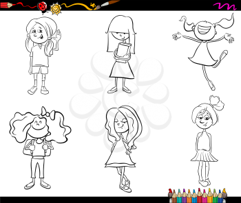 Black and White Cartoon Illustration of School Age Girls Children or Teenager Characters Set for Coloring Book