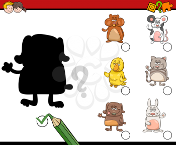 Cartoon Illustration of Educational Shadow Activity Task for Children with Pet Animal Characters