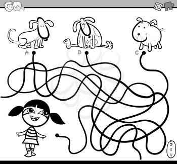 Black and White Cartoon Illustration of Educational Paths or Maze Puzzle Activity with Children Girl and Puppies Coloring Book